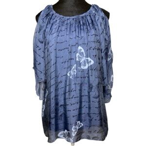 Bella Amore Blue Silky Butterfly Patterned Cold Shoulder Blouse